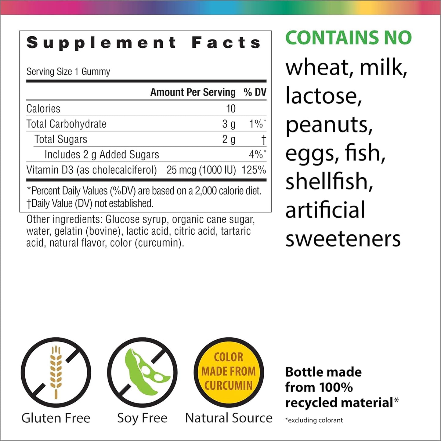 Rainbow Light Sunny Gummies Vitamin D3 1000 IU - Family-Friendly Chewables for Bone and Muscle Health, Immunity Support - Soy-Free, Gluten-Free - Sour Lemon Flavor, 50 Gummy Drops