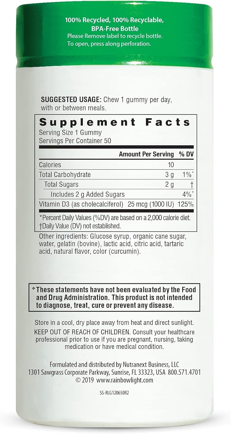 Rainbow Light Sunny Gummies Vitamin D3 1000 IU - Family-Friendly Chewables for Bone and Muscle Health, Immunity Support - Soy-Free, Gluten-Free - Sour Lemon Flavor, 50 Gummy Drops