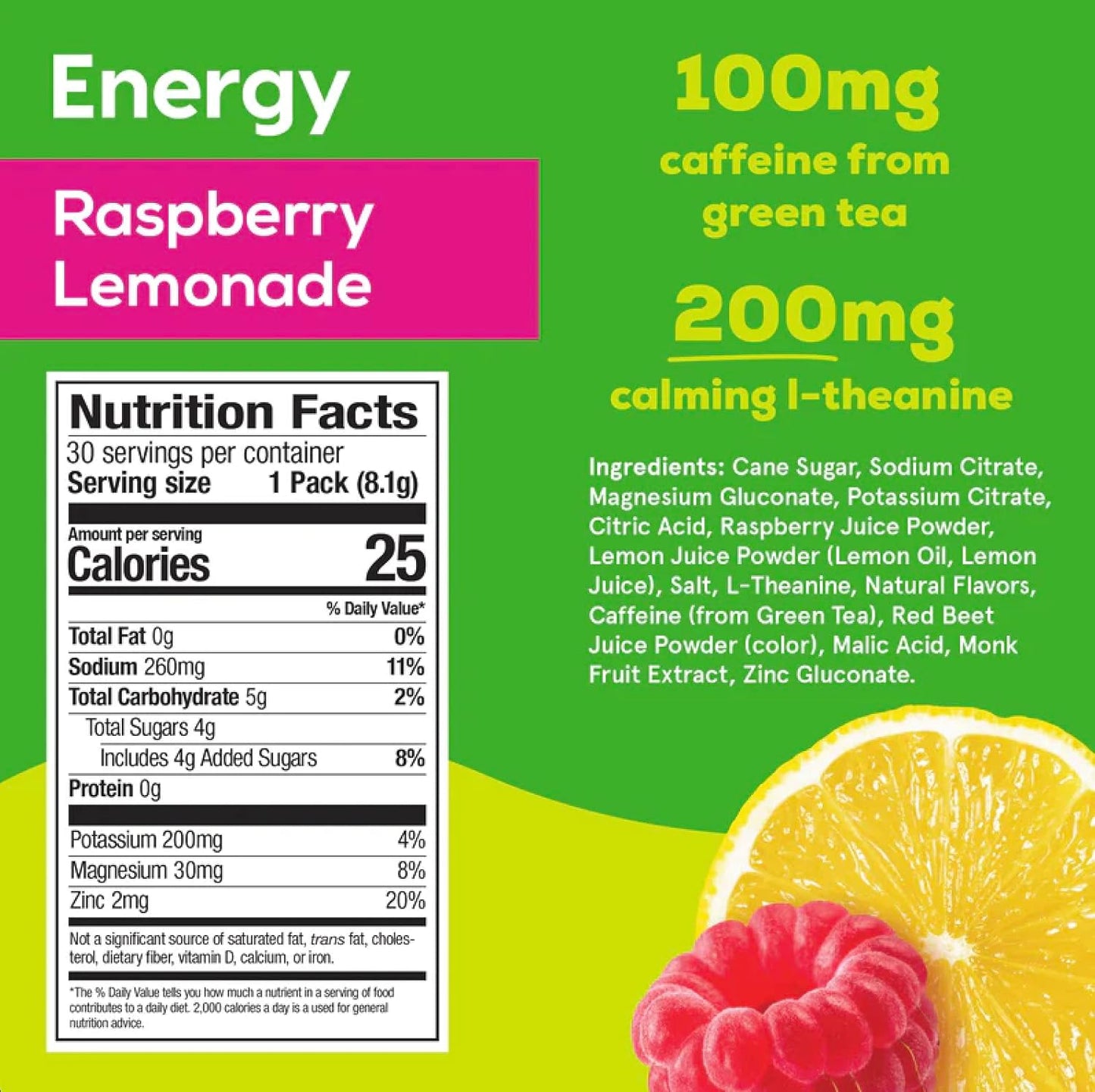 Rapid Hydration Mix with Caffeine & L-Theanine, Electrolyte Powder Packets with Zinc - Raspberry Lemonade (30 Count)