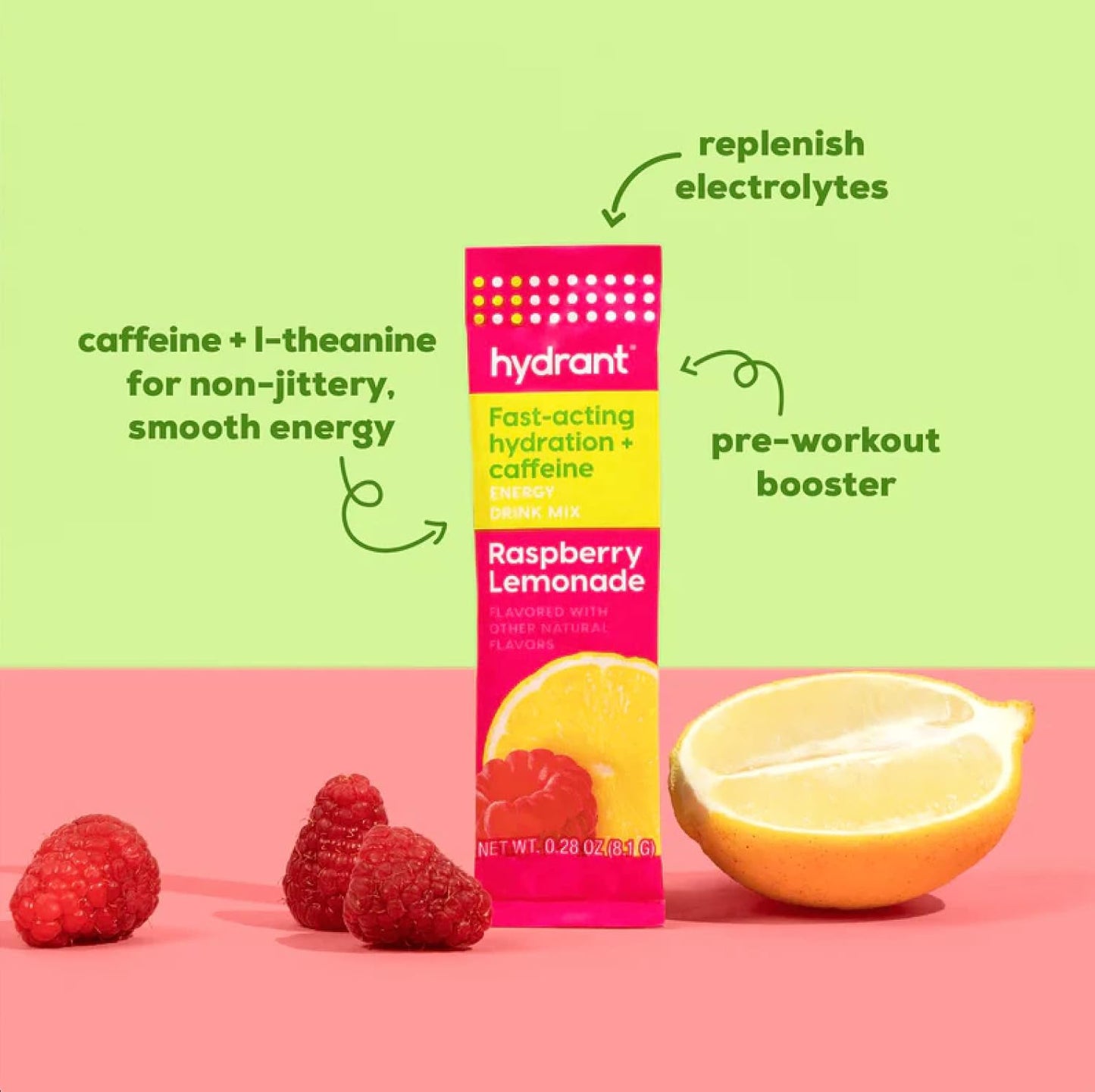 Rapid Hydration Mix with Caffeine & L-Theanine, Electrolyte Powder Packets with Zinc - Raspberry Lemonade (30 Count)