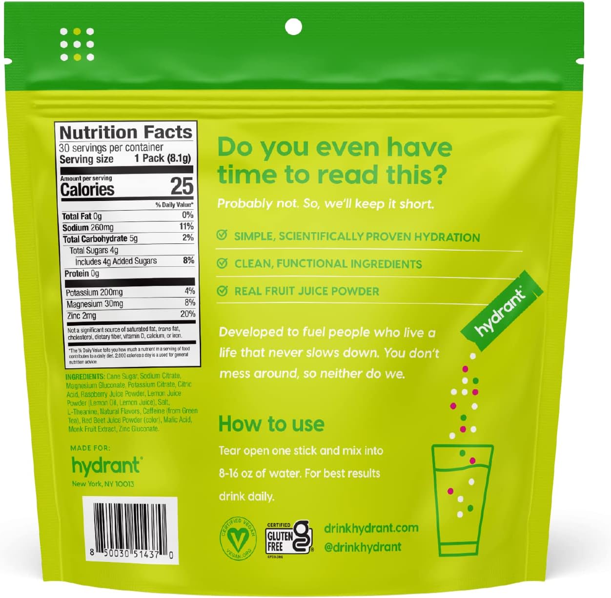Rapid Hydration Mix with Caffeine & L-Theanine, Electrolyte Powder Packets with Zinc - Raspberry Lemonade (30 Count)
