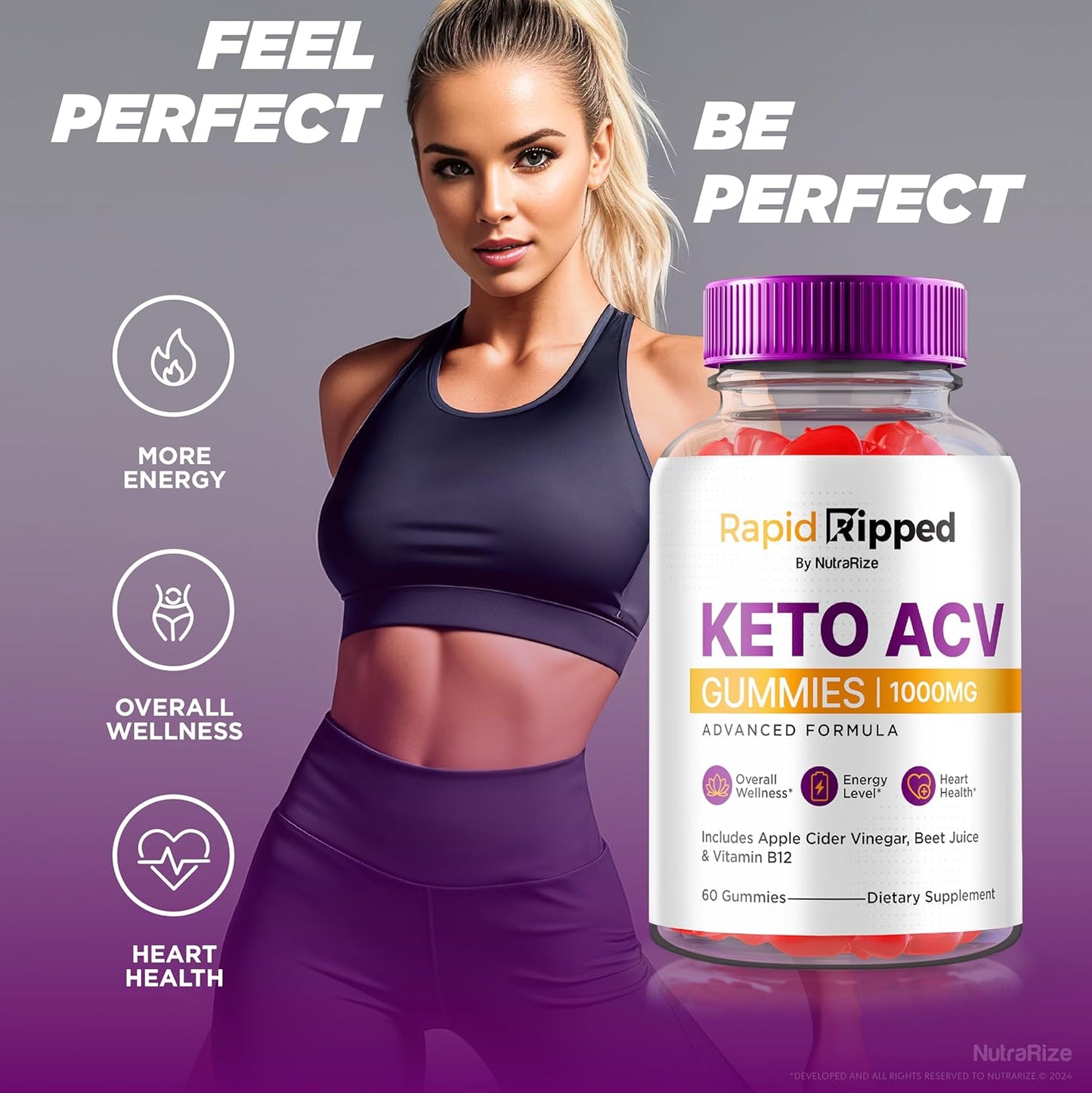 Rapid Ripped Keto ACV Gummies - Maximum Strength 1000 MG Keto Vitamins with All Natural Apple Cider Vinegar - 60 Gummies