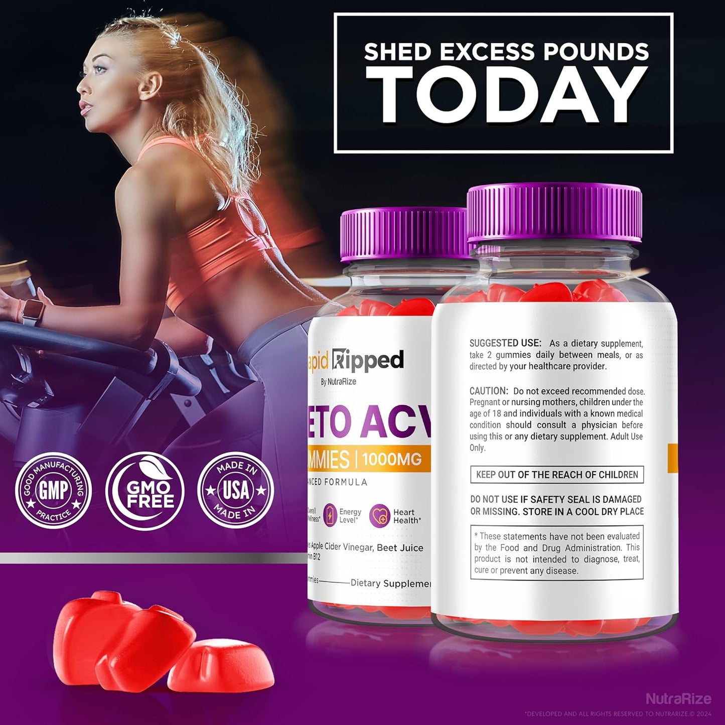 Rapid Ripped Keto ACV Gummies - Maximum Strength 1000 MG Keto Vitamins with All Natural Apple Cider Vinegar - 60 Gummies
