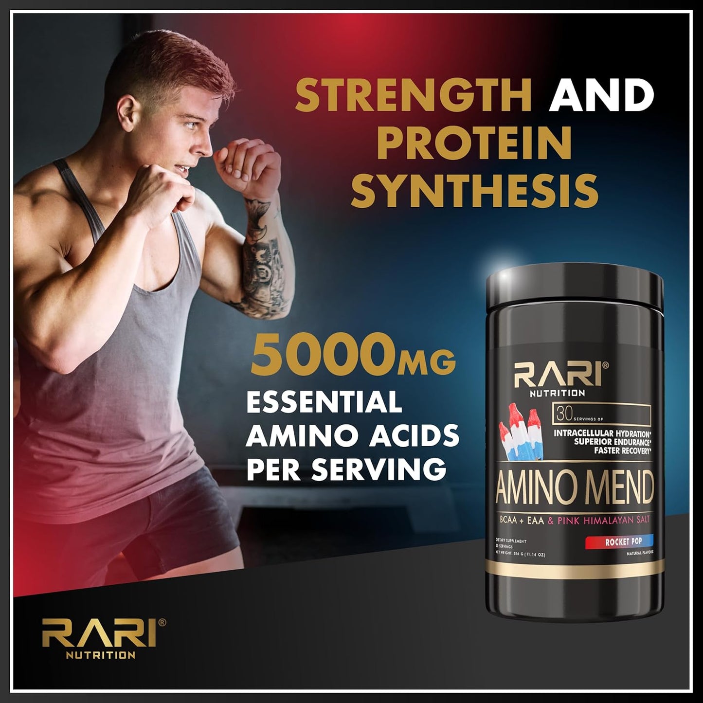 RARI Nutrition Amino Mend Recovery Drink - 5000mg BCAAs, 2085mg EAAs, 30 Servings, Rocket Pop Flavor