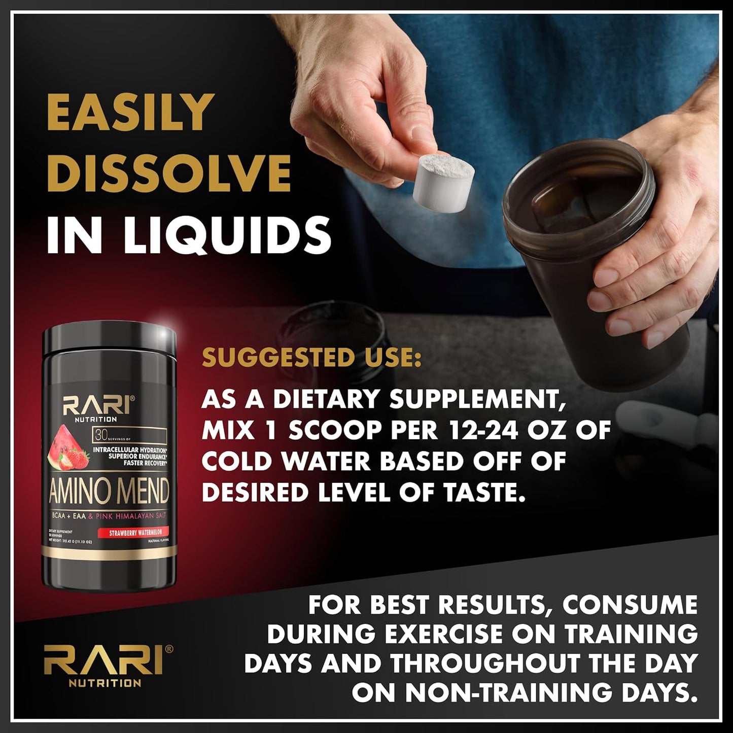 RARI Nutrition Amino Mend Recovery Drink - Strawberry Watermelon, 30 Servings, 5000mg BCAAs, 2085mg EAAs