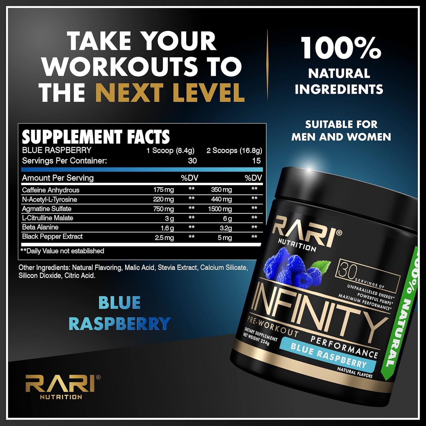 RARI Nutrition Infinity Pre Workout Performance Powder - Blue Raspberry Flavor for Women and Men - 30 Servings
