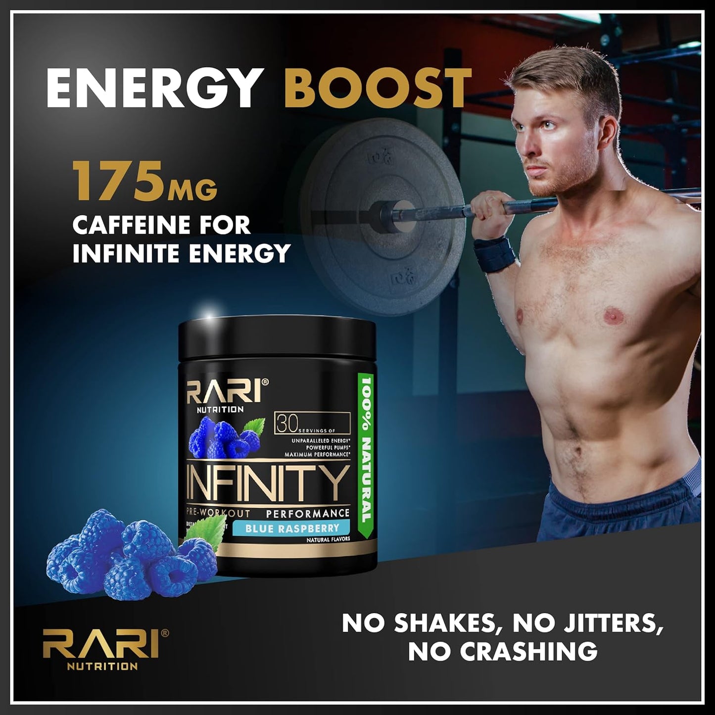 RARI Nutrition Infinity Pre Workout Performance Powder - Blue Raspberry Flavor for Women and Men - 30 Servings