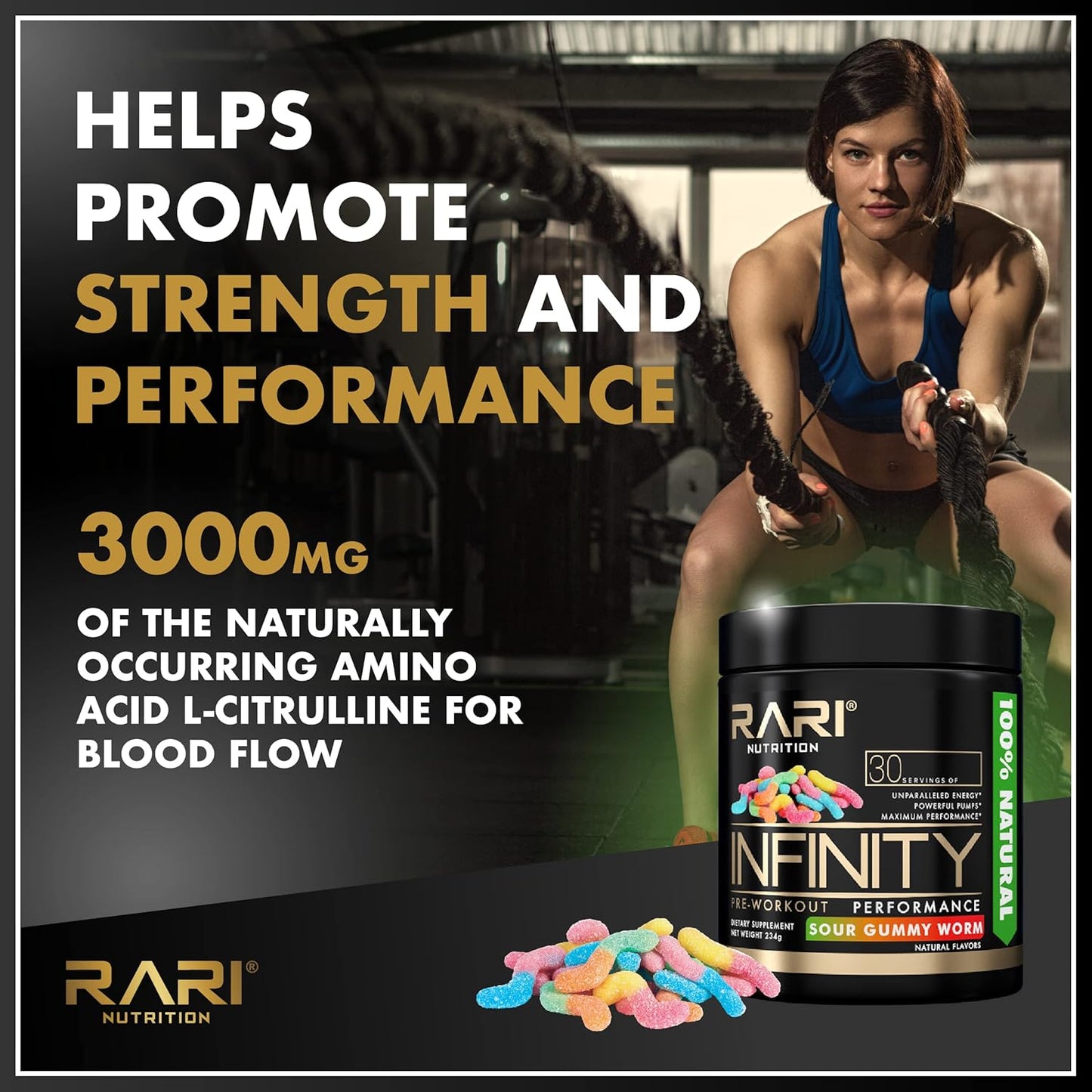 RARI Nutrition Infinity Pre Workout Performance Powder - Blue Raspberry Flavor for Women and Men - 30 Servings