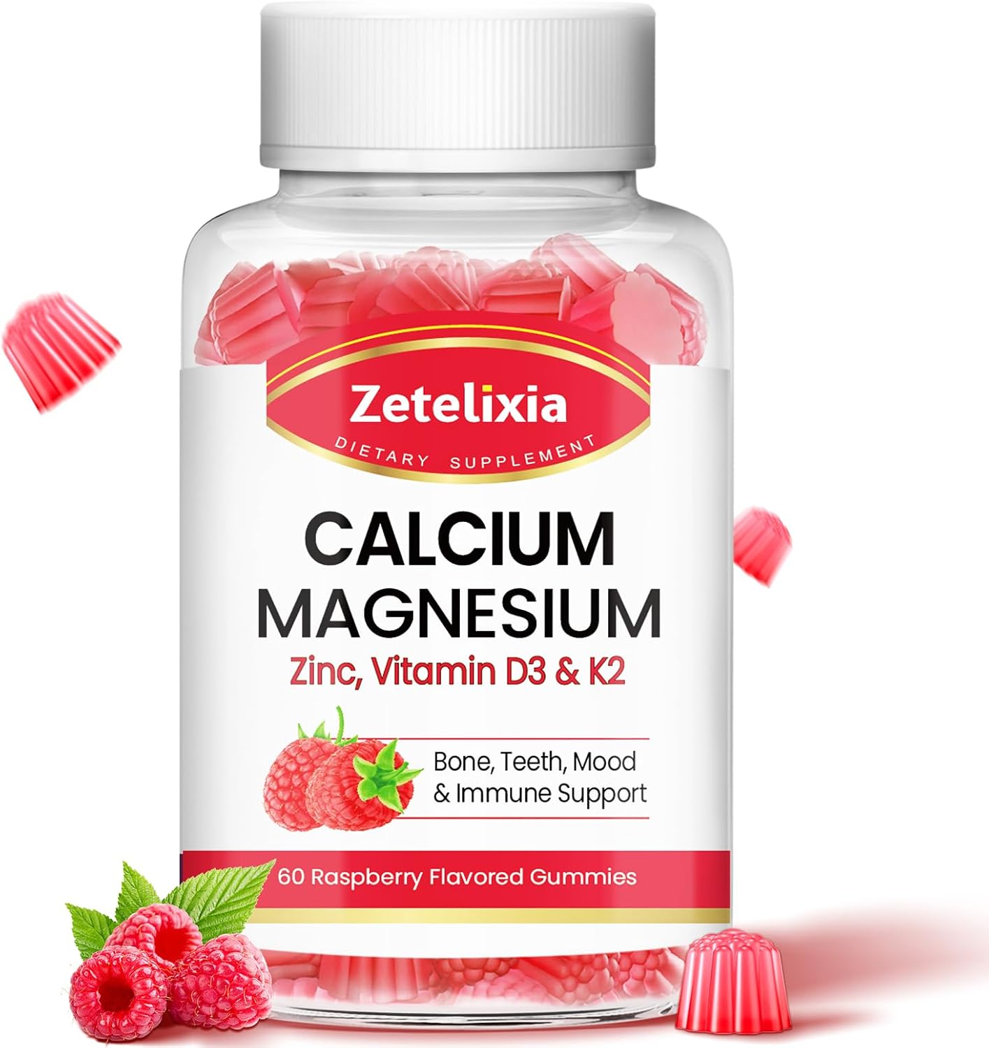 Raspberry Flavored Calcium Gummies with Vitamin D3 & K2 for Bones and Muscles - 60 Count
