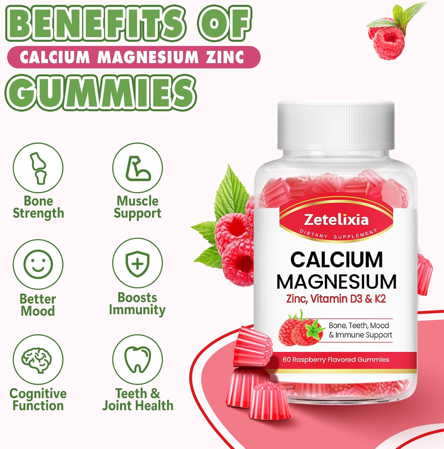 Raspberry Flavored Calcium Gummies with Vitamin D3 & K2 for Bones and Muscles - 60 Count