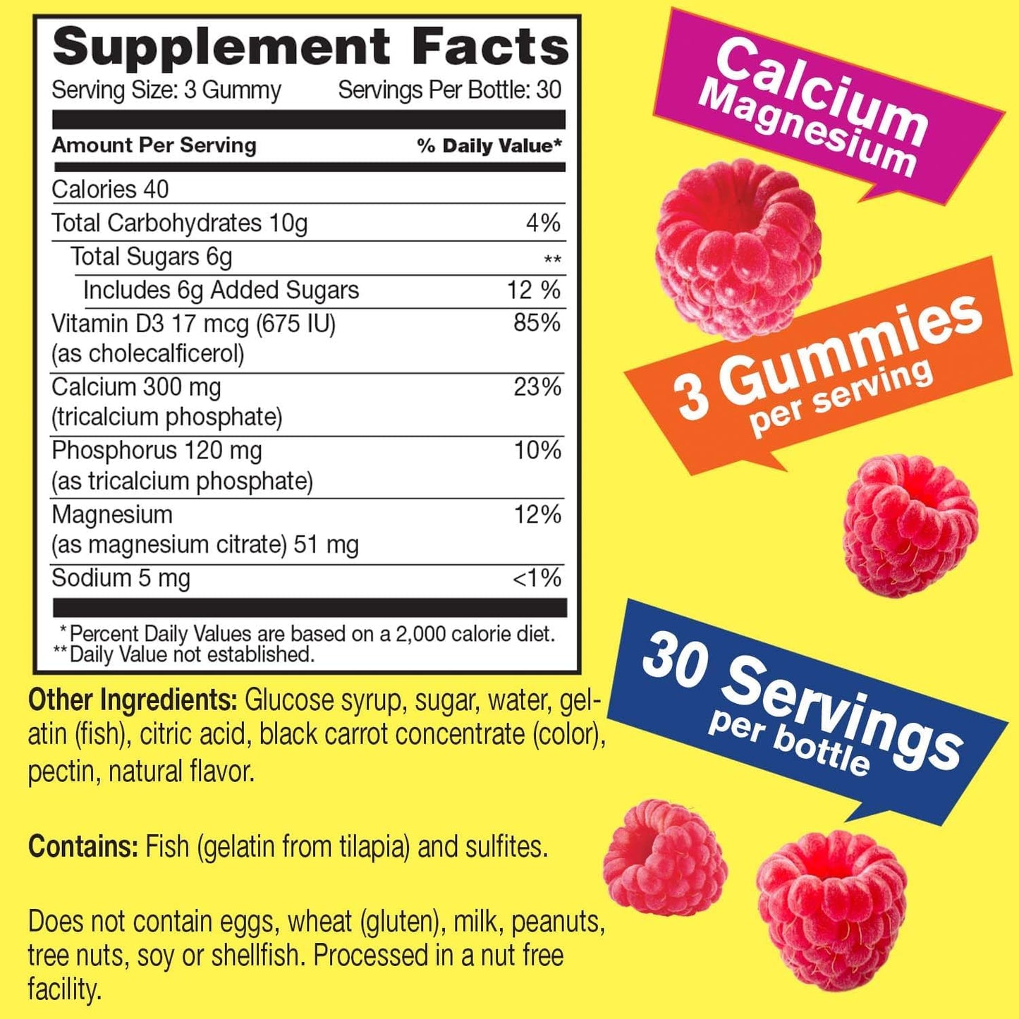 Raspberry Flavored Calcium Magnesium Gummies with Vitamin D3 - Supports Bone, Muscle, Nerve, and Immune Health - 90 Count, Gluten Free, Non GMO - Men and Women's Wellness Supplement