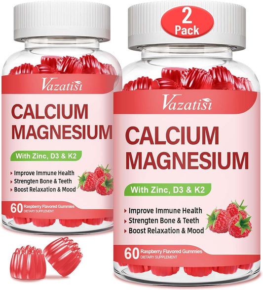 Raspberry Flavored Calcium Magnesium Zinc Gummies with Vitamin D3 & K2 for Immune Support - 120 Gummies