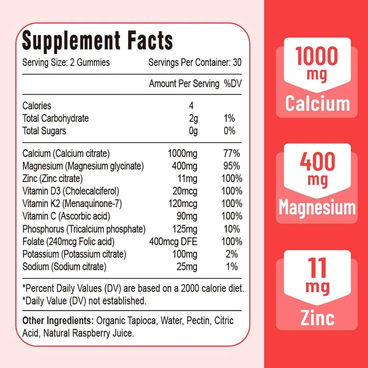 Raspberry Flavored Calcium Magnesium Zinc Gummies with Vitamin D3 & K2 for Immune Support - 120 Gummies