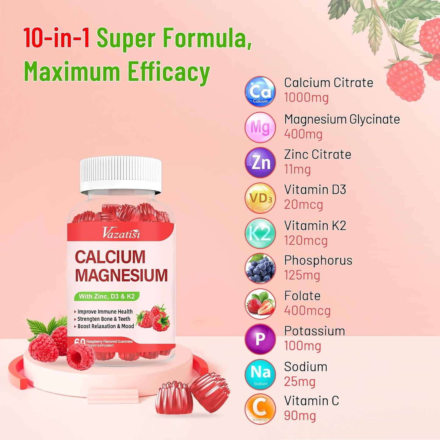 Raspberry Flavored Calcium Magnesium Zinc Gummies with Vitamin D3 & K2 for Immune Support - 120 Gummies
