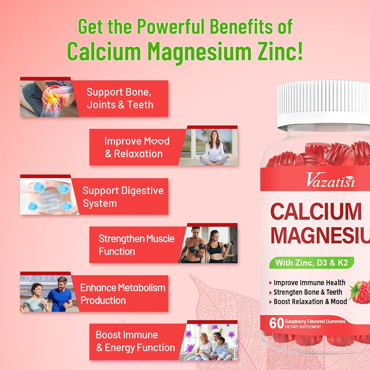 Raspberry Flavored Calcium Magnesium Zinc Gummies with Vitamin D3 & K2 for Immune Support - 120 Gummies
