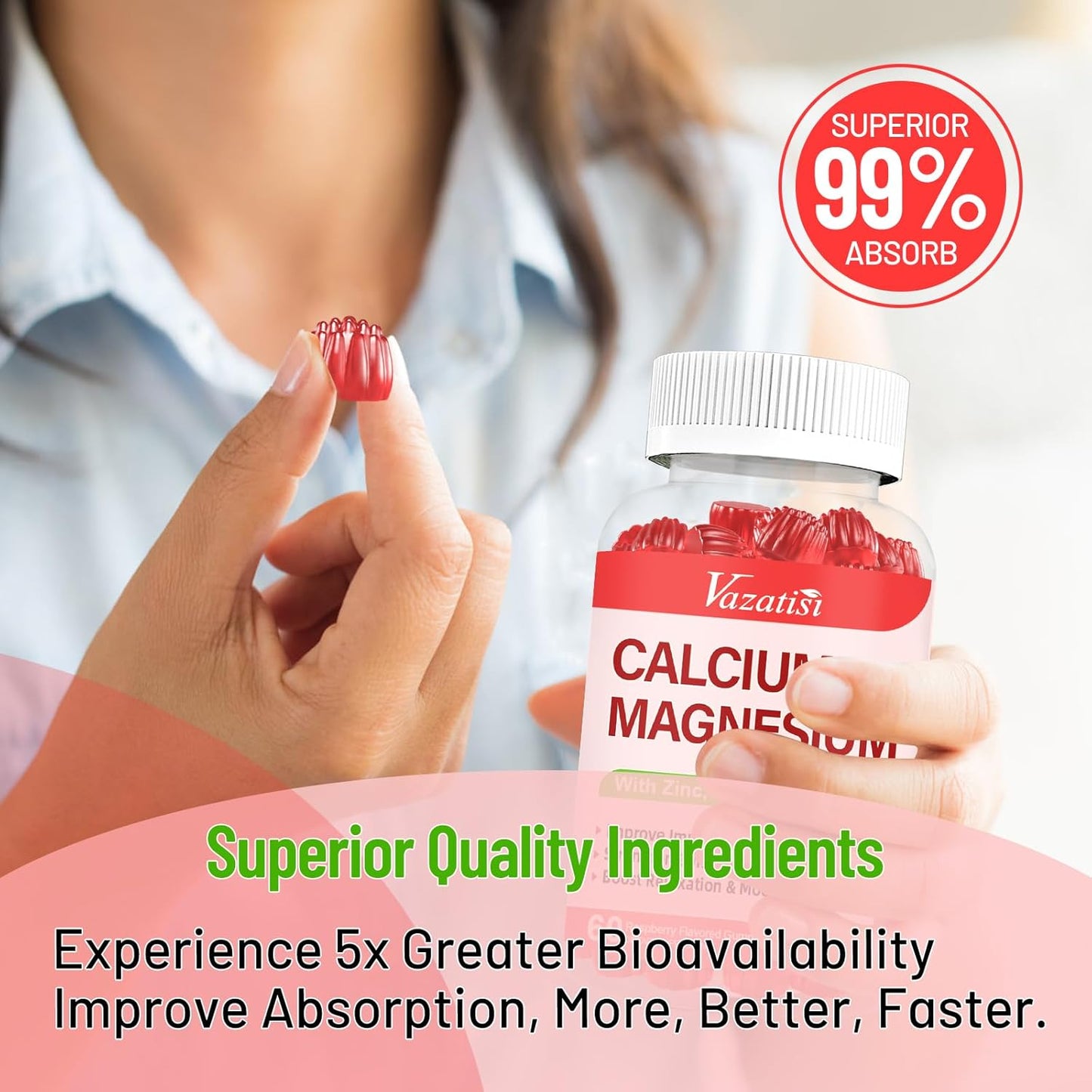 Raspberry Flavored Calcium Magnesium Zinc Gummies with Vitamin D3 & K2 for Immune Support - 120 Gummies