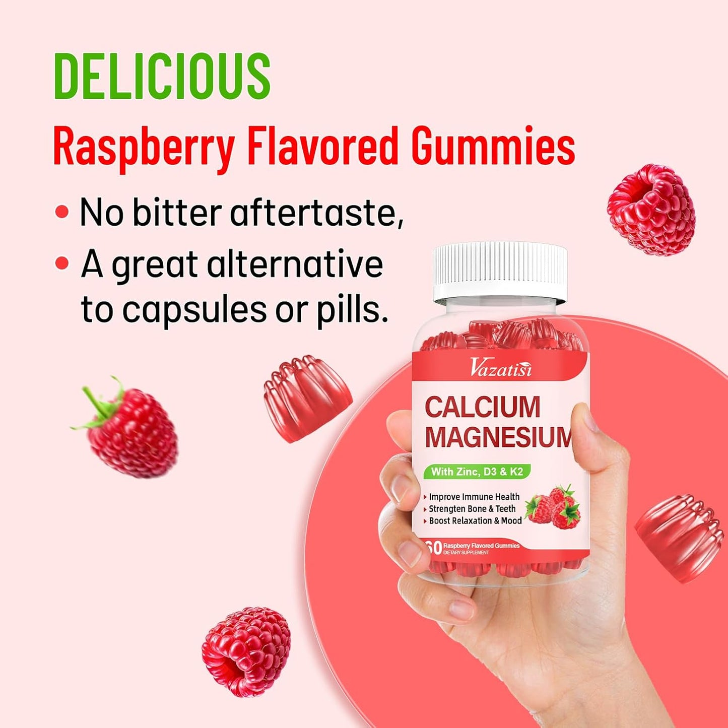 Raspberry Flavored Calcium Magnesium Zinc Gummies with Vitamin D3 & K2 for Immune Support - 120 Gummies