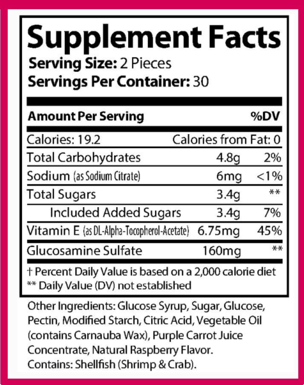 Raspberry Flavored Glucosamine Gummies with Vitamin E - Joint Mobility Support Supplement - 60 Gummies