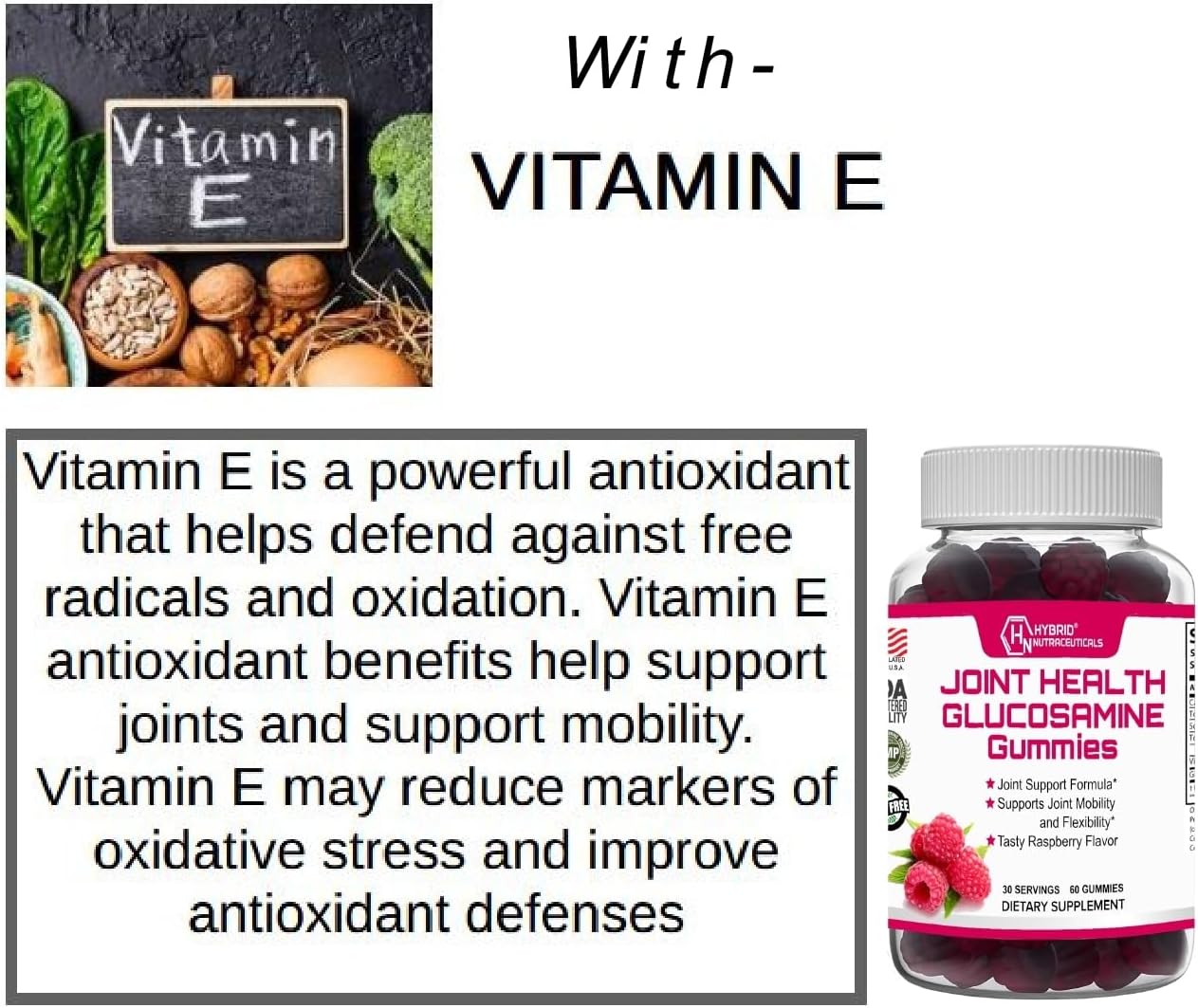 Raspberry Flavored Glucosamine Gummies with Vitamin E - Joint Mobility Support Supplement - 60 Gummies