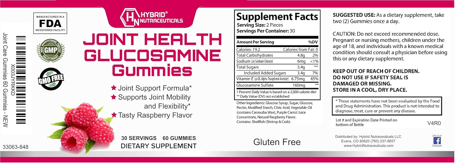 Raspberry Flavored Glucosamine Gummies with Vitamin E - Joint Mobility Support Supplement - 60 Gummies