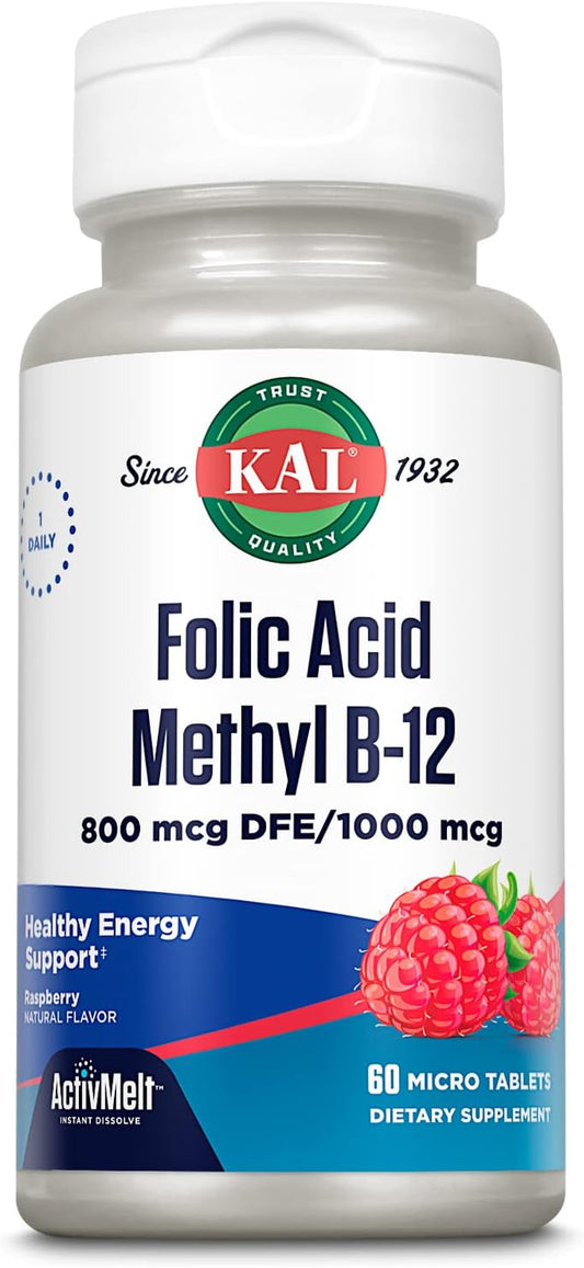 Raspberry Flavored Kal Folic Acid Methyl B-12 Tablets, 800 Mcg, 60 Count