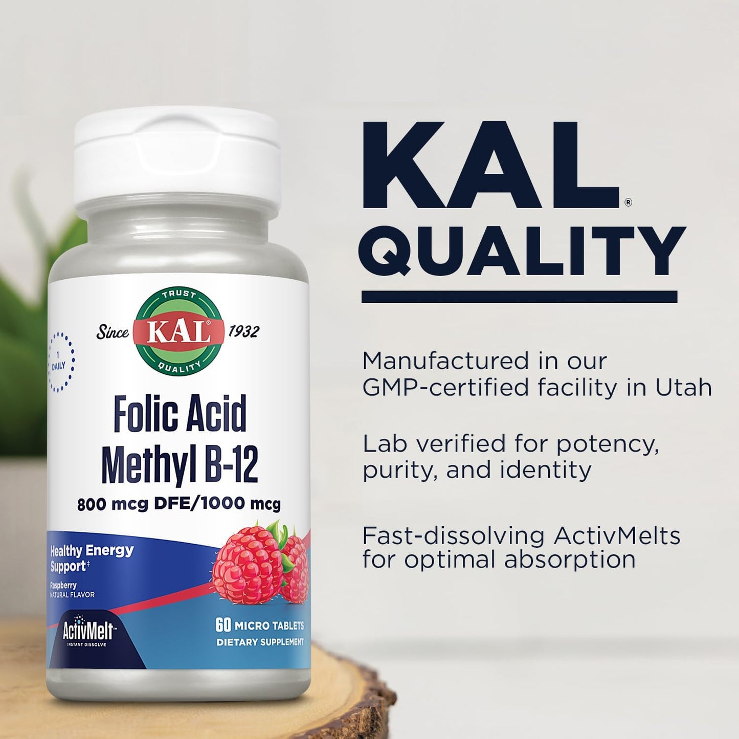 Raspberry Flavored Kal Folic Acid Methyl B-12 Tablets, 800 Mcg, 60 Count