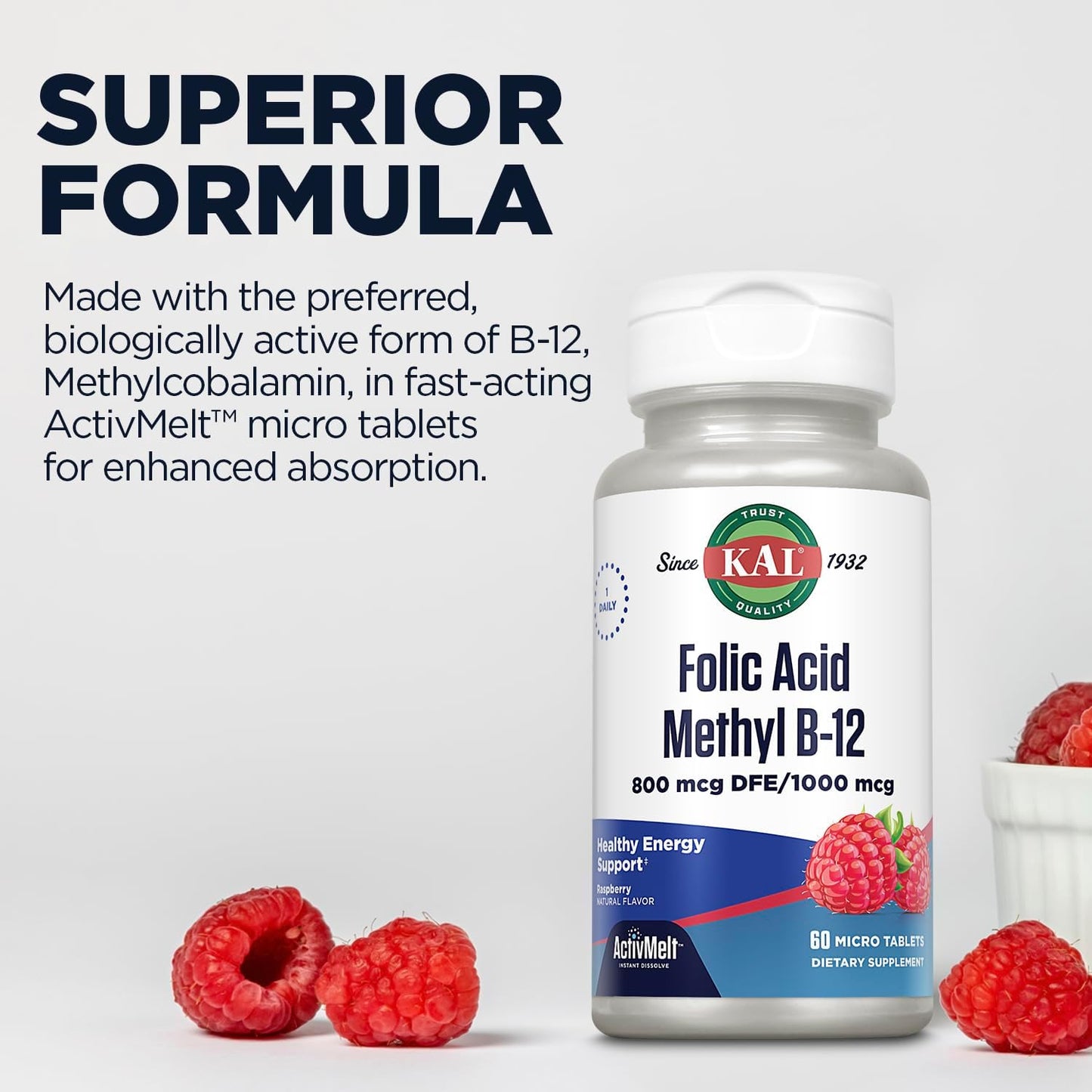 Raspberry Flavored Kal Folic Acid Methyl B-12 Tablets, 800 Mcg, 60 Count