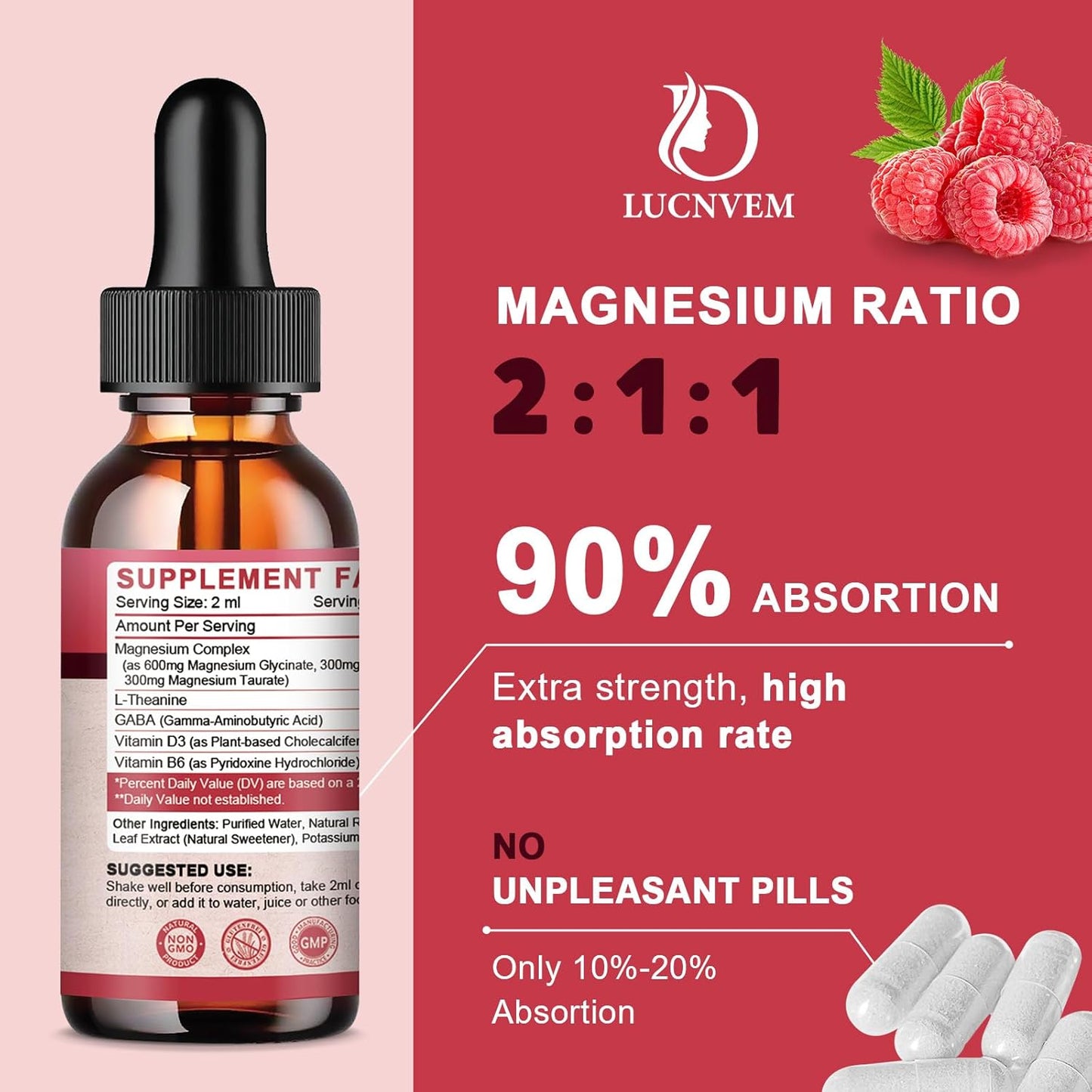 Raspberry Flavored Liquid Magnesium Glycinate Drops with GABA, L-theanine, D3, and B6 for Calm and Sleep - 1 Fl Oz (Pack of 2)