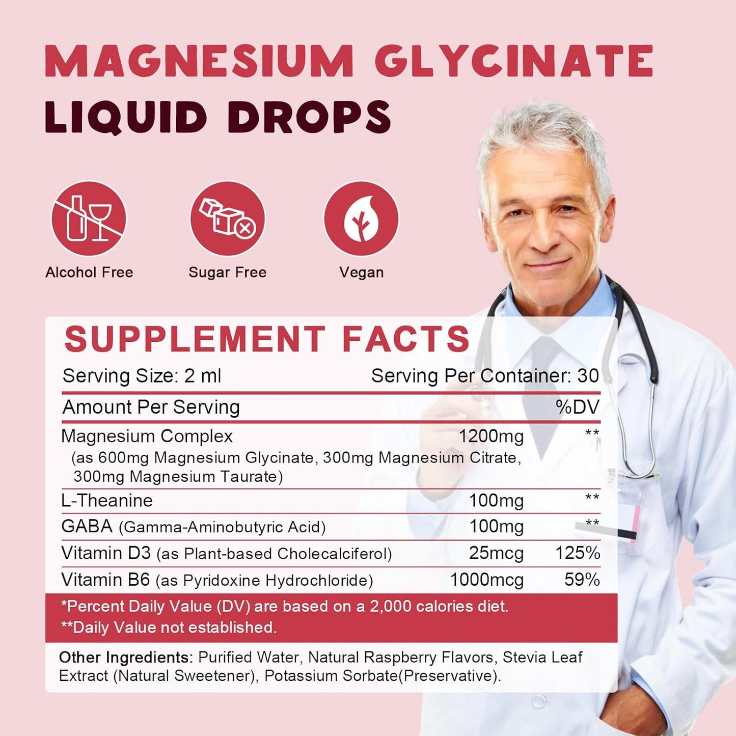 Raspberry Flavored Liquid Magnesium Glycinate Drops with GABA, L-theanine, D3, and B6 for Calm and Sleep - 1 Fl Oz (Pack of 2)