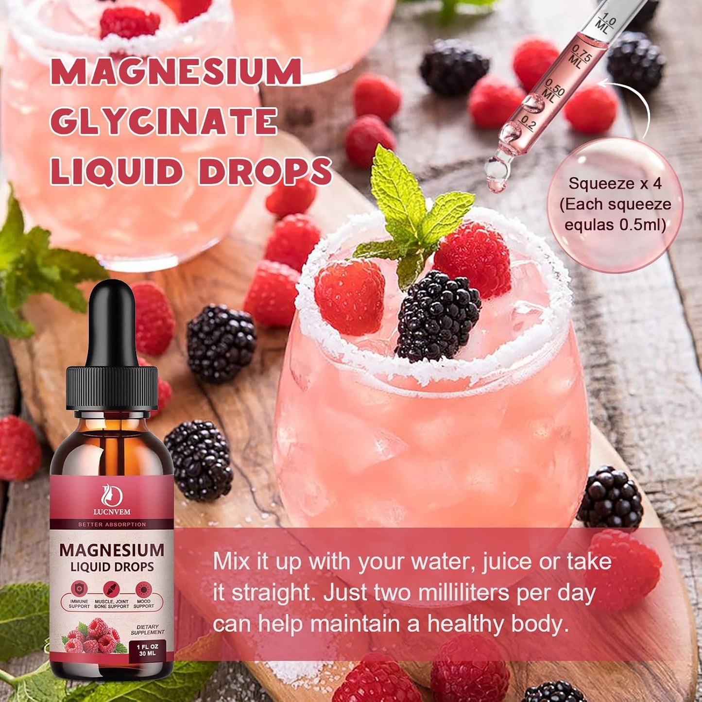 Raspberry Flavored Liquid Magnesium Glycinate Drops with GABA, L-theanine, D3, and B6 for Calm and Sleep - 1 Fl Oz (Pack of 2)