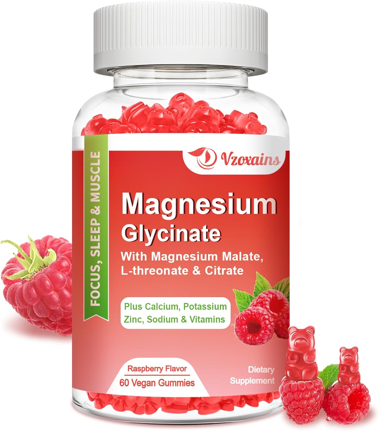 Raspberry Flavored VZOXAINS Magnesium Glycinate Gummies - 600mg for Relaxation, Sleep, and Muscle Support - 60 Gummies for Adults and Kids