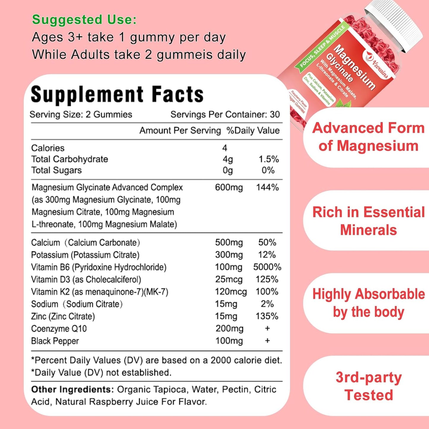 Raspberry Flavored VZOXAINS Magnesium Glycinate Gummies - 600mg for Relaxation, Sleep, and Muscle Support - 60 Gummies for Adults and Kids