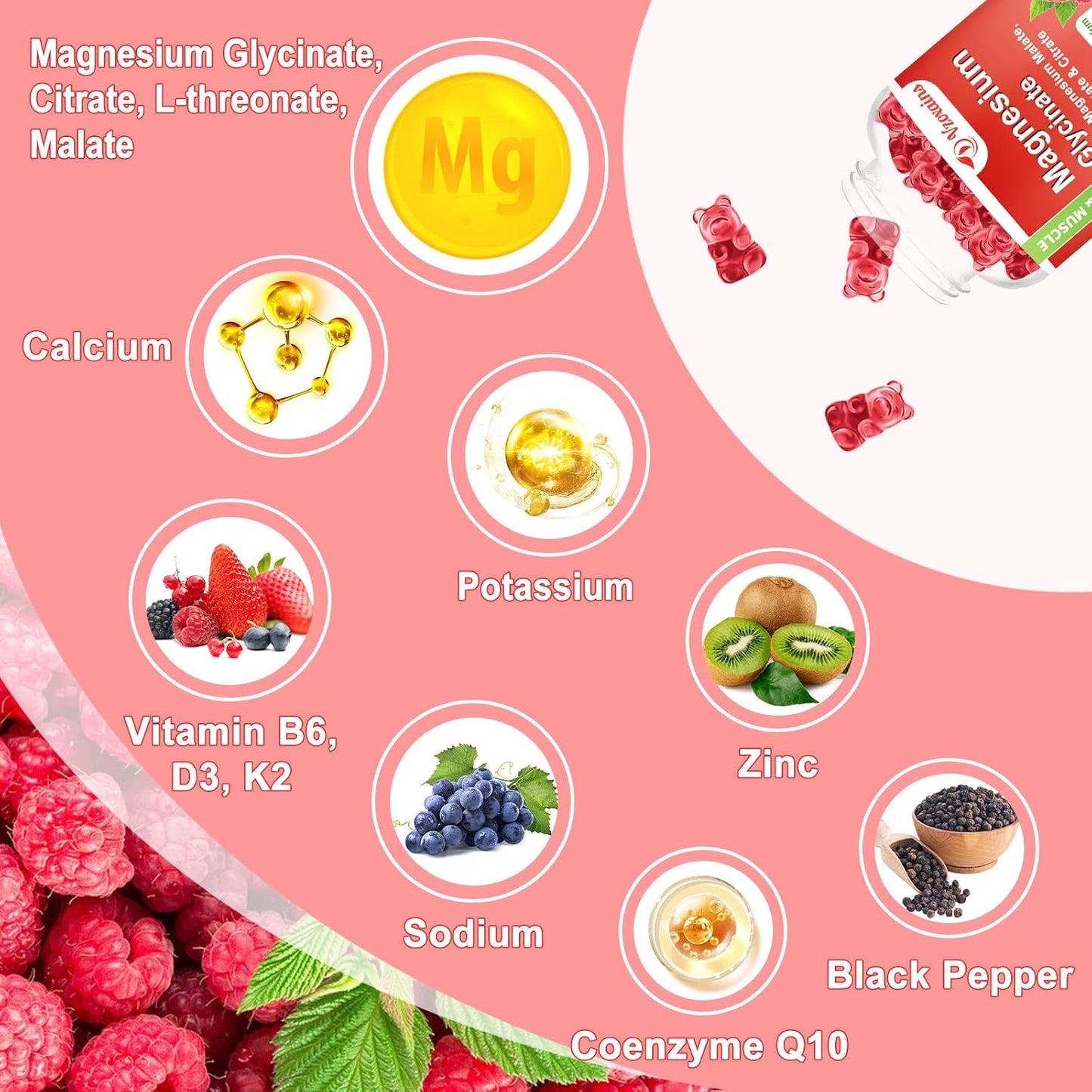 Raspberry Flavored VZOXAINS Magnesium Glycinate Gummies - 600mg for Relaxation, Sleep, and Muscle Support - 60 Gummies for Adults and Kids