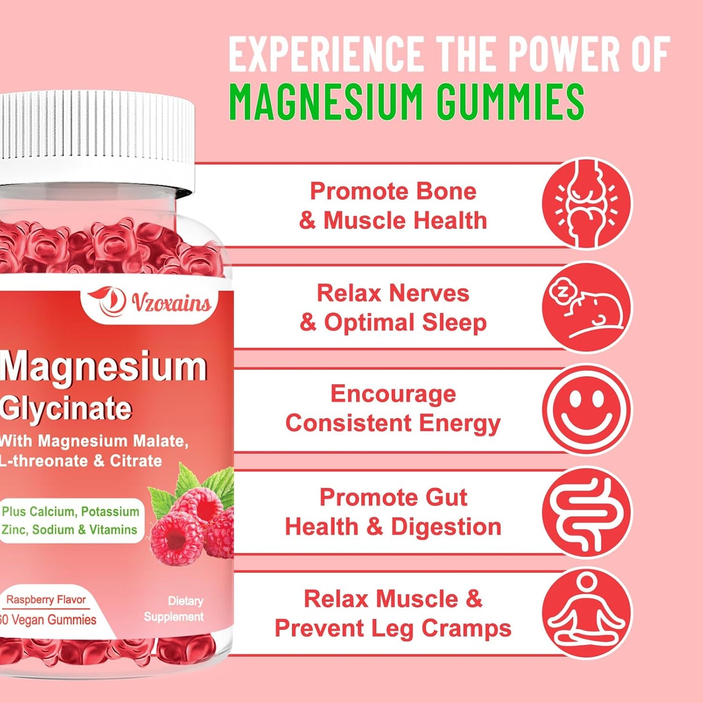 Raspberry Flavored VZOXAINS Magnesium Glycinate Gummies - 600mg for Relaxation, Sleep, and Muscle Support - 60 Gummies for Adults and Kids
