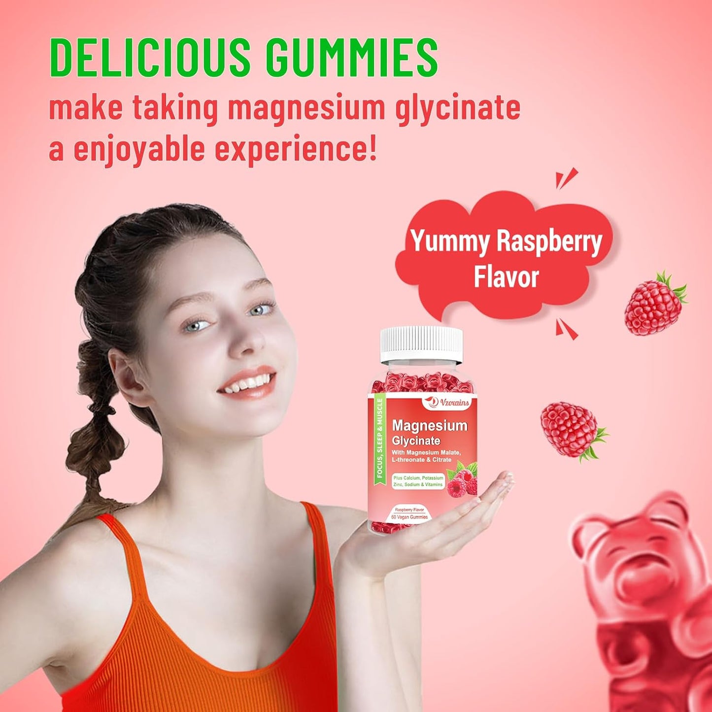 Raspberry Flavored VZOXAINS Magnesium Glycinate Gummies - 600mg for Relaxation, Sleep, and Muscle Support - 60 Gummies for Adults and Kids