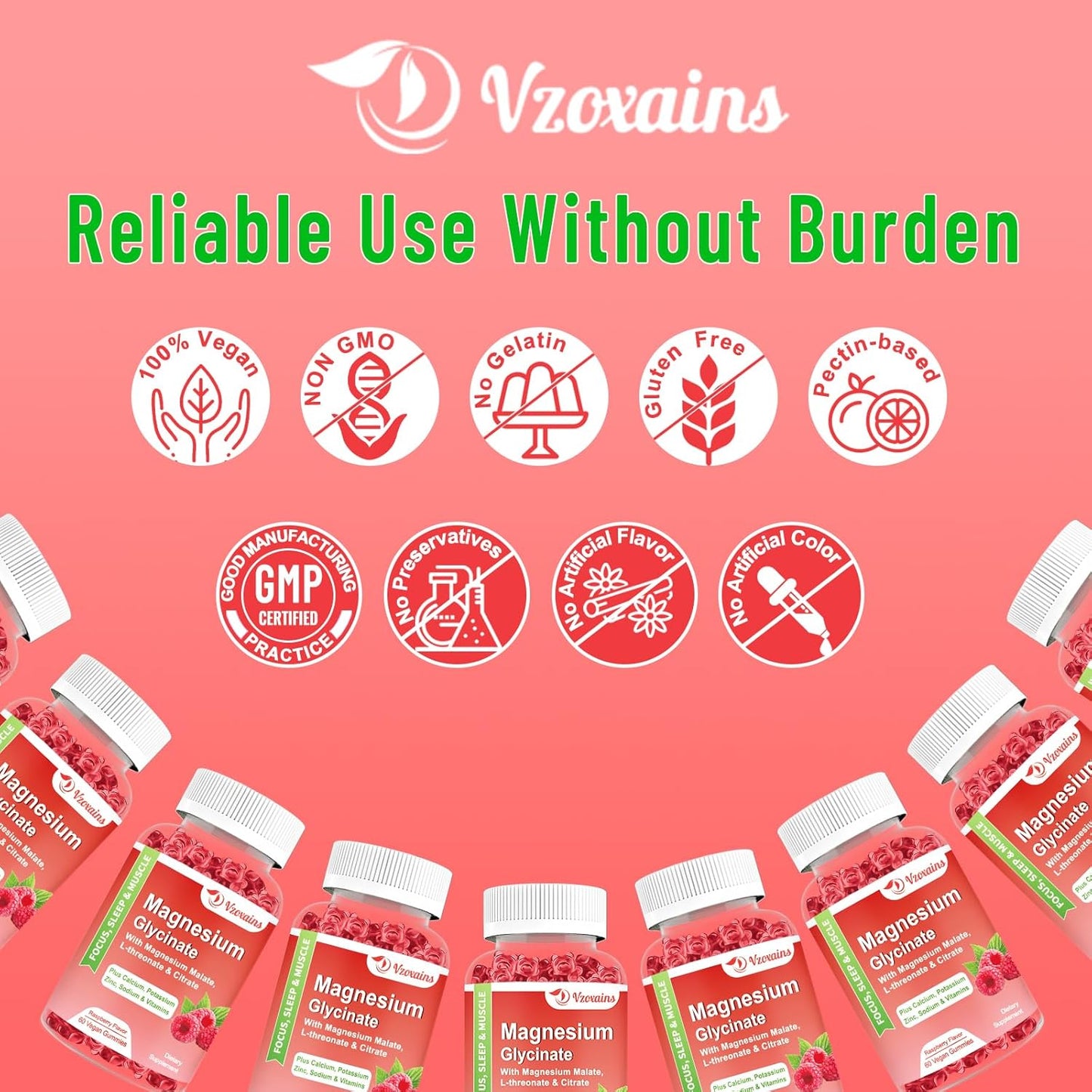 Raspberry Flavored VZOXAINS Magnesium Glycinate Gummies - 600mg for Relaxation, Sleep, and Muscle Support - 60 Gummies for Adults and Kids