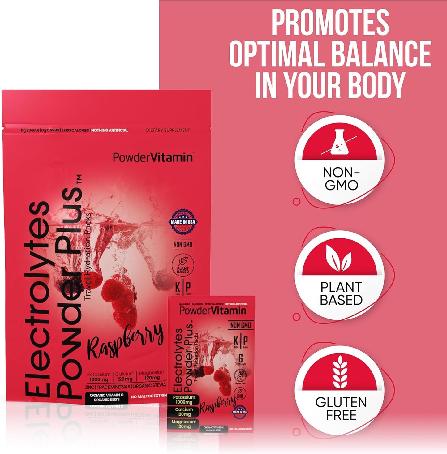 Raspberry Keto Electrolyte Powder with 1000mg Potassium - Sugar Free, Non-GMO, Zero Calories - 30 Packets