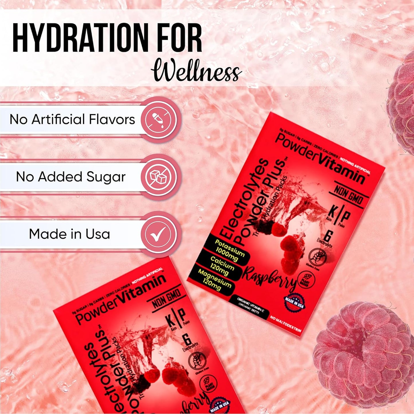 Raspberry Keto Electrolyte Powder with 1000mg Potassium - Sugar Free, Non-GMO, Zero Calories - 30 Packets