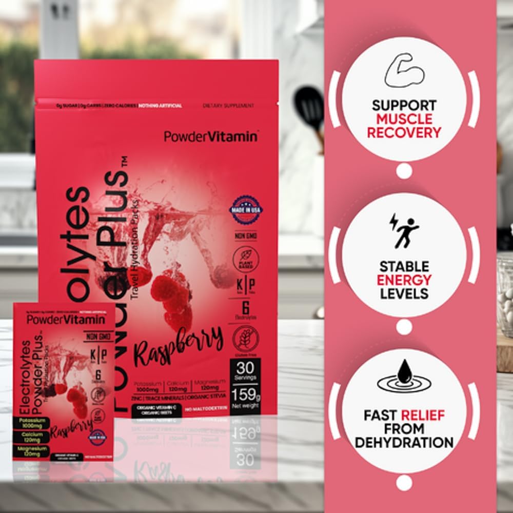 Raspberry Keto Electrolyte Powder with 1000mg Potassium - Sugar Free, Non-GMO, Zero Calories - 30 Packets