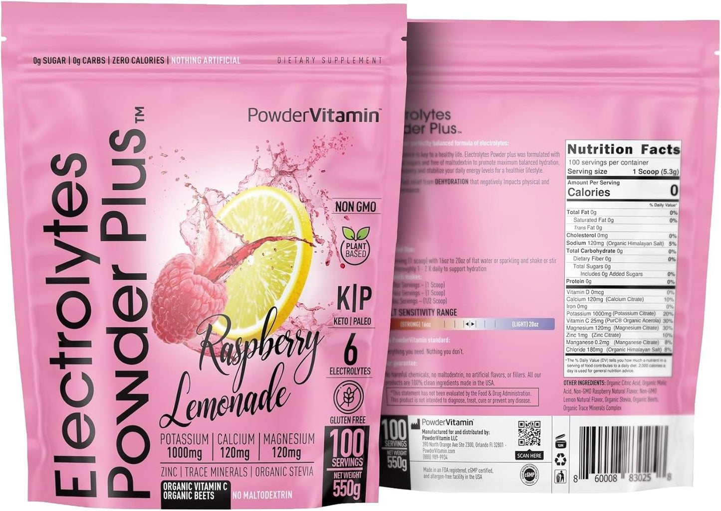Raspberry Lemonade Electrolyte Powder - 100 Servings, Zero Calorie Keto Hydration with Potassium, Calcium, Magnesium
