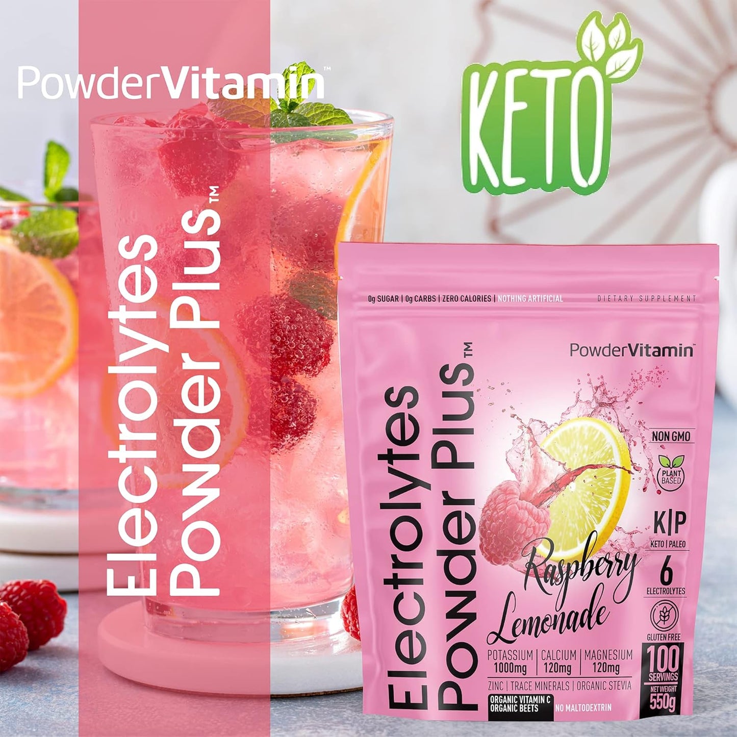 Raspberry Lemonade Electrolyte Powder - 100 Servings, Zero Calorie Keto Hydration with Potassium, Calcium, Magnesium