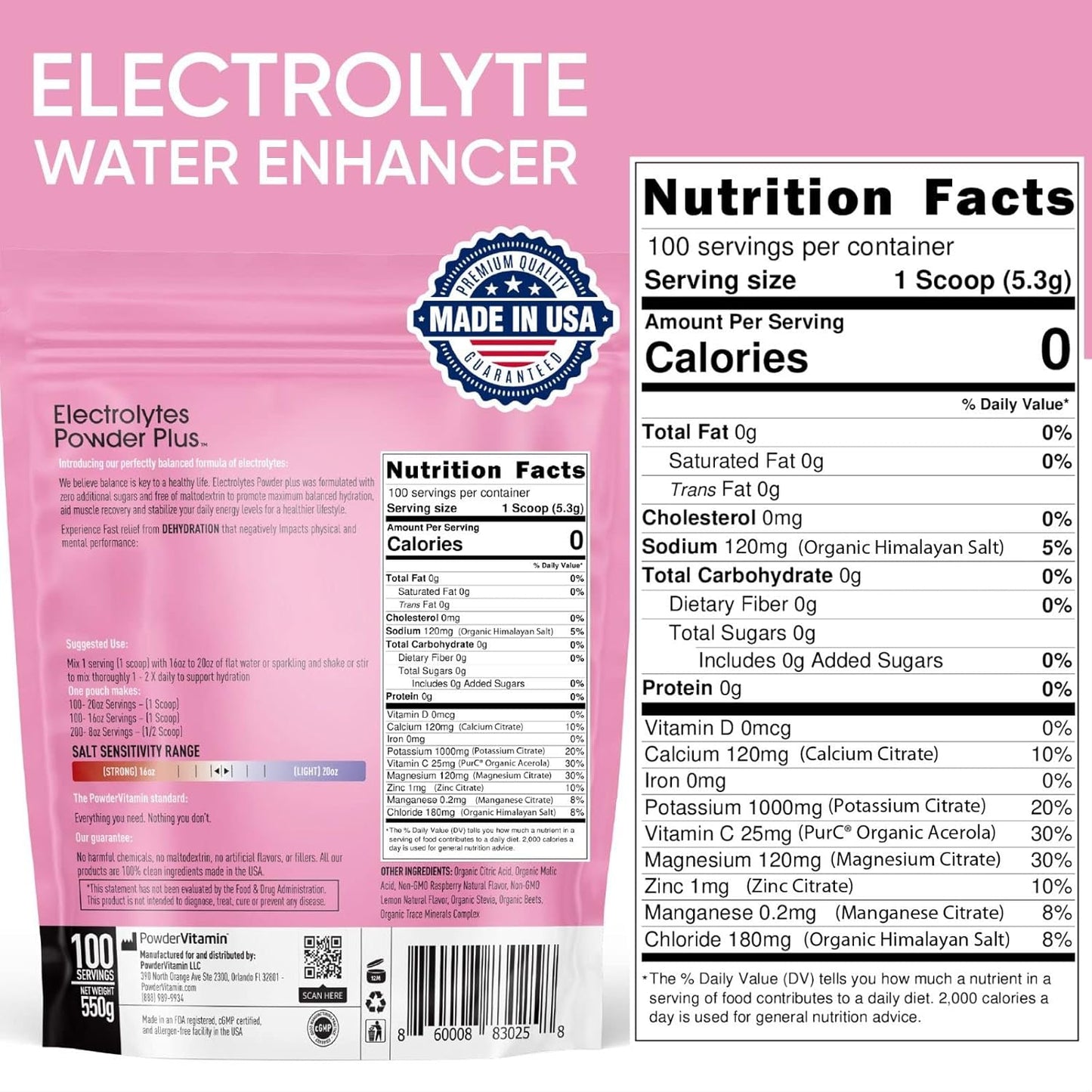 Raspberry Lemonade Electrolyte Powder - 100 Servings, Zero Calorie Keto Hydration with Potassium, Calcium, Magnesium