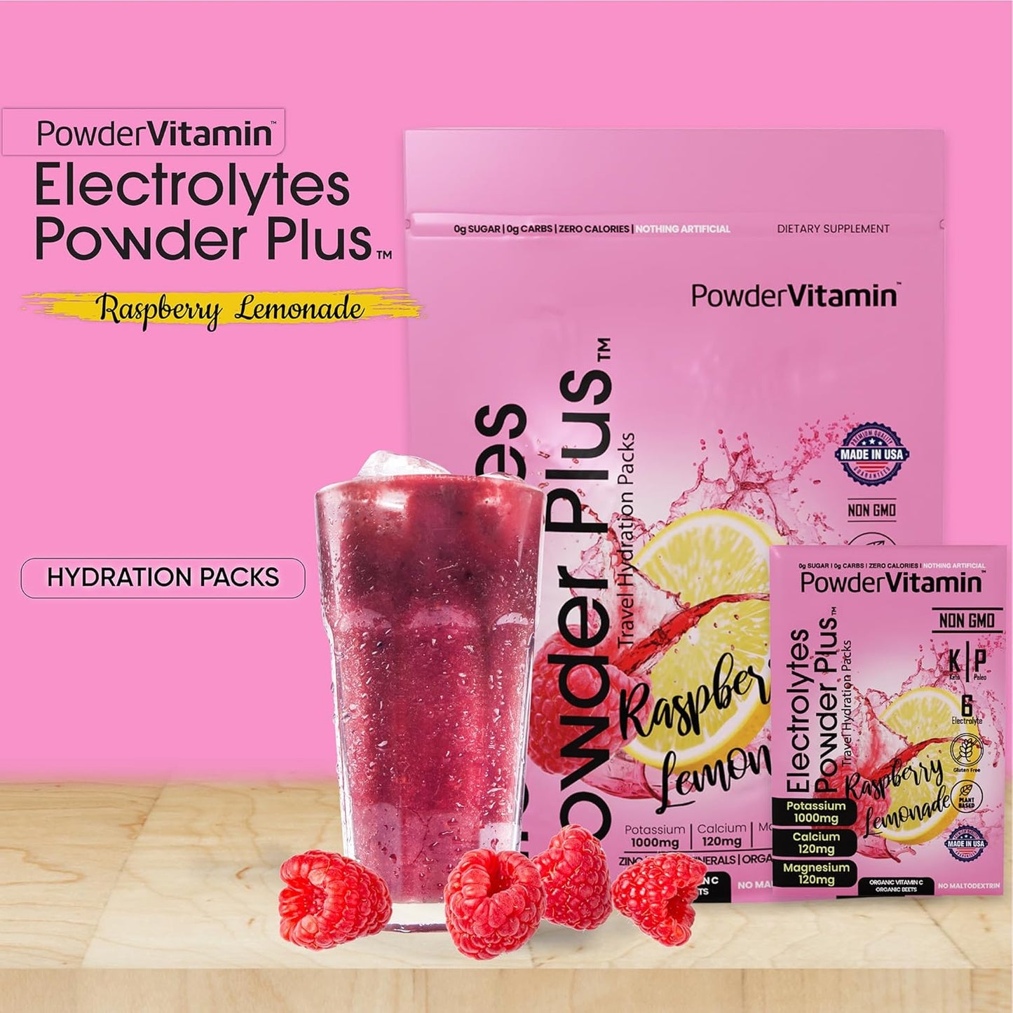 Raspberry Lemonade Keto Electrolyte Powder with 1000mg Potassium - Non-GMO & Sugar-Free