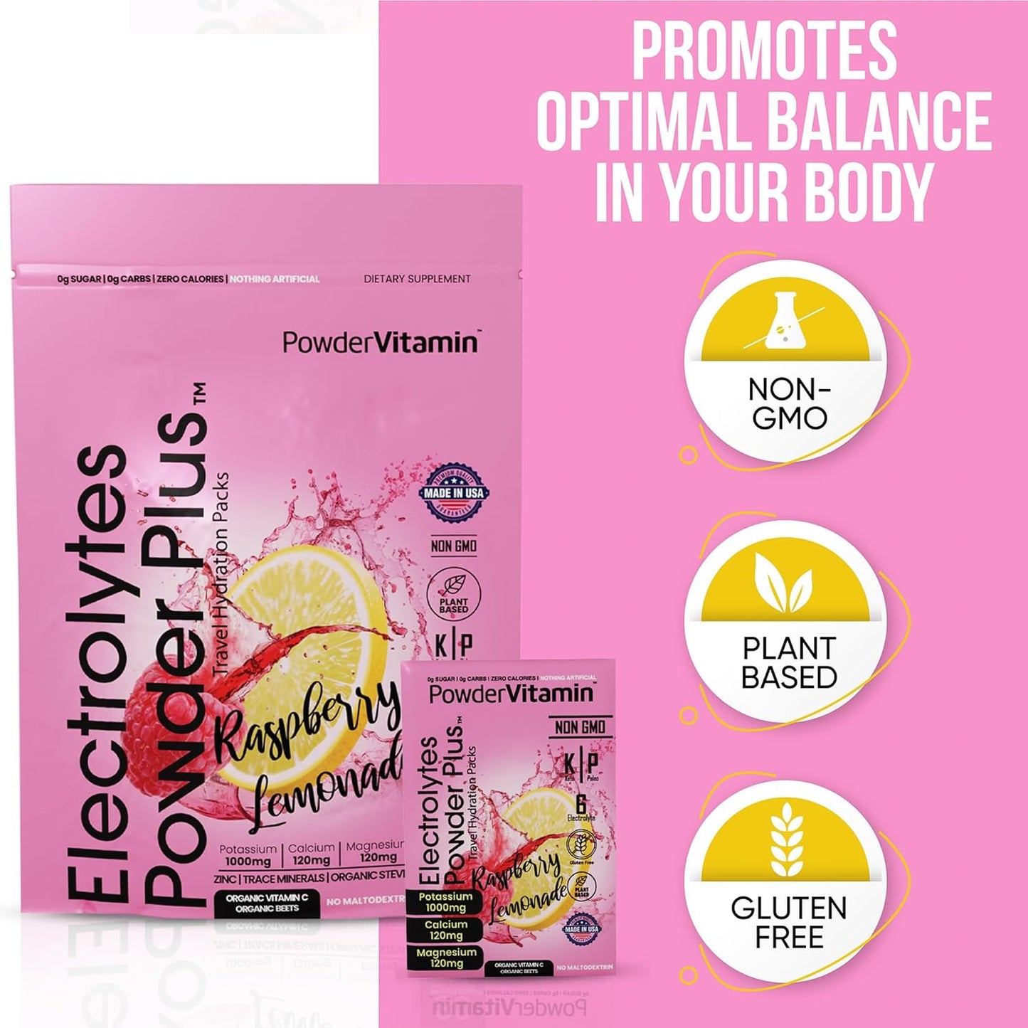 Raspberry Lemonade Keto Electrolyte Powder with 1000mg Potassium - Non-GMO & Sugar-Free