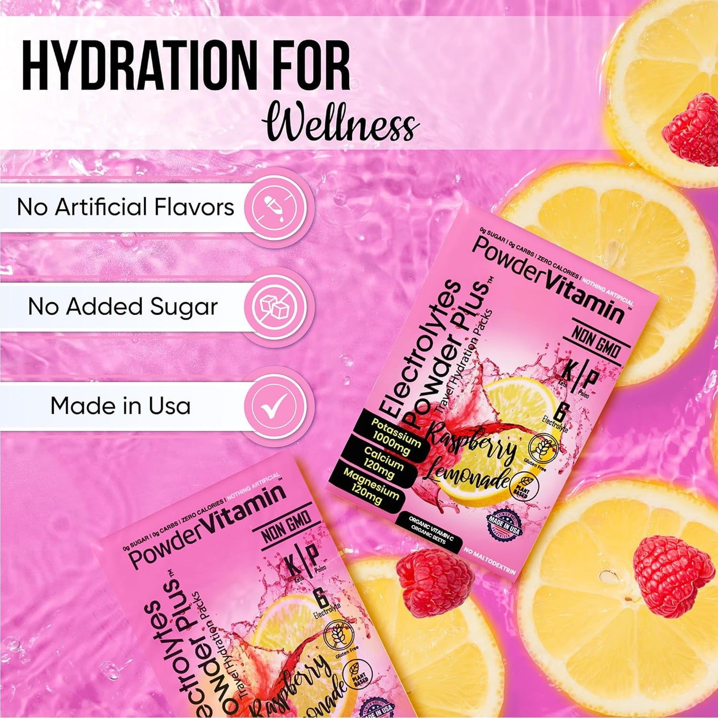 Raspberry Lemonade Keto Electrolyte Powder with 1000mg Potassium - Non-GMO & Sugar-Free