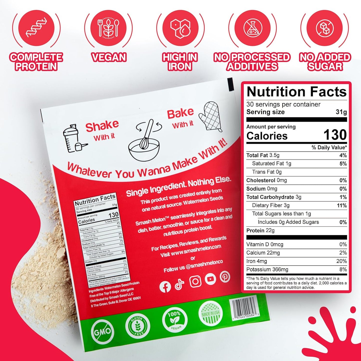Raw Cold-Pressed Watermelon Seed Protein Powder - Single-Ingredient Unflavored Protein for Shakes or Baking