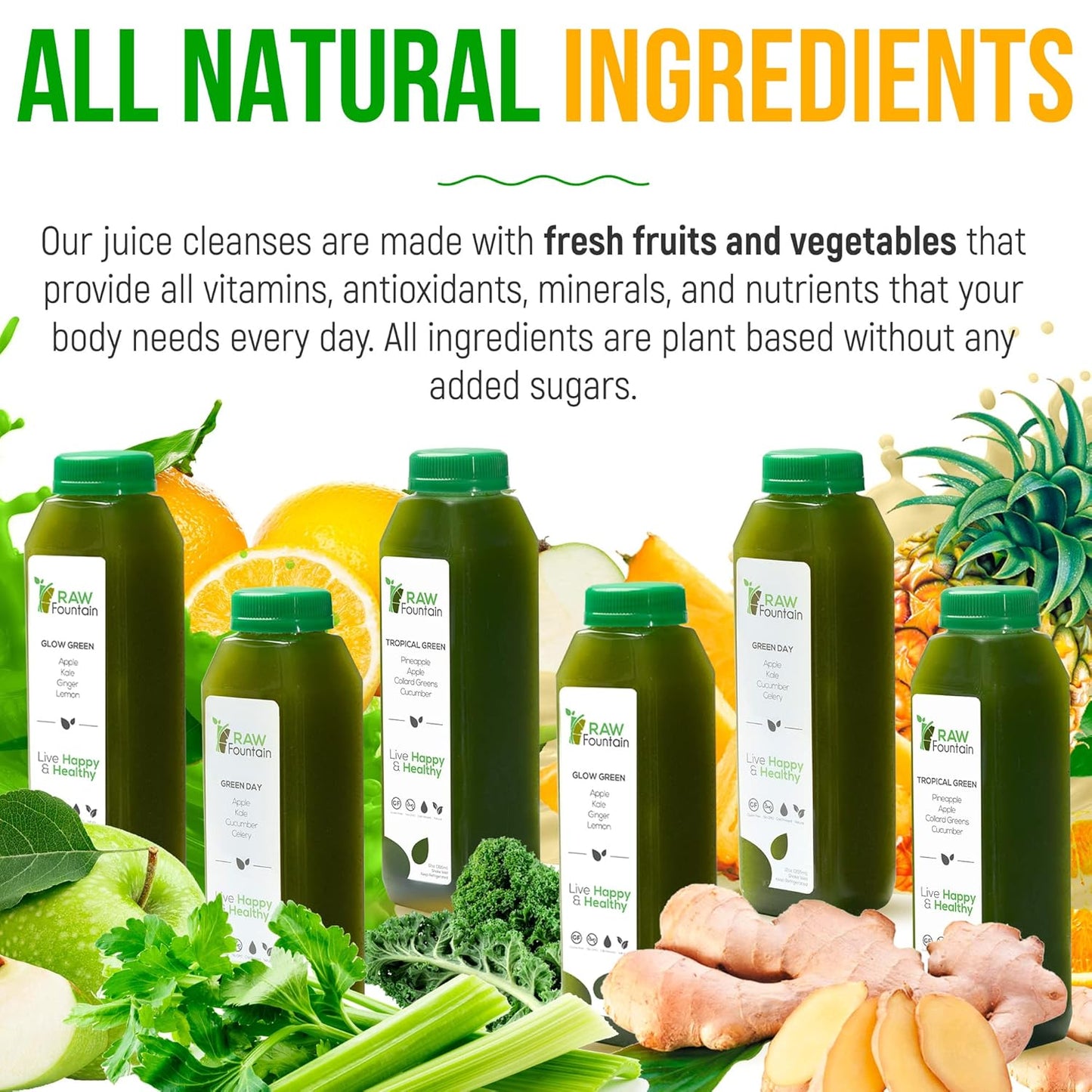 Raw Fountain 7-Day Green Juice Cleanse - All Natural, Vegan Detox, Cold Pressed Juice, 42 Bottles (12oz) with 3 Ginger Shots