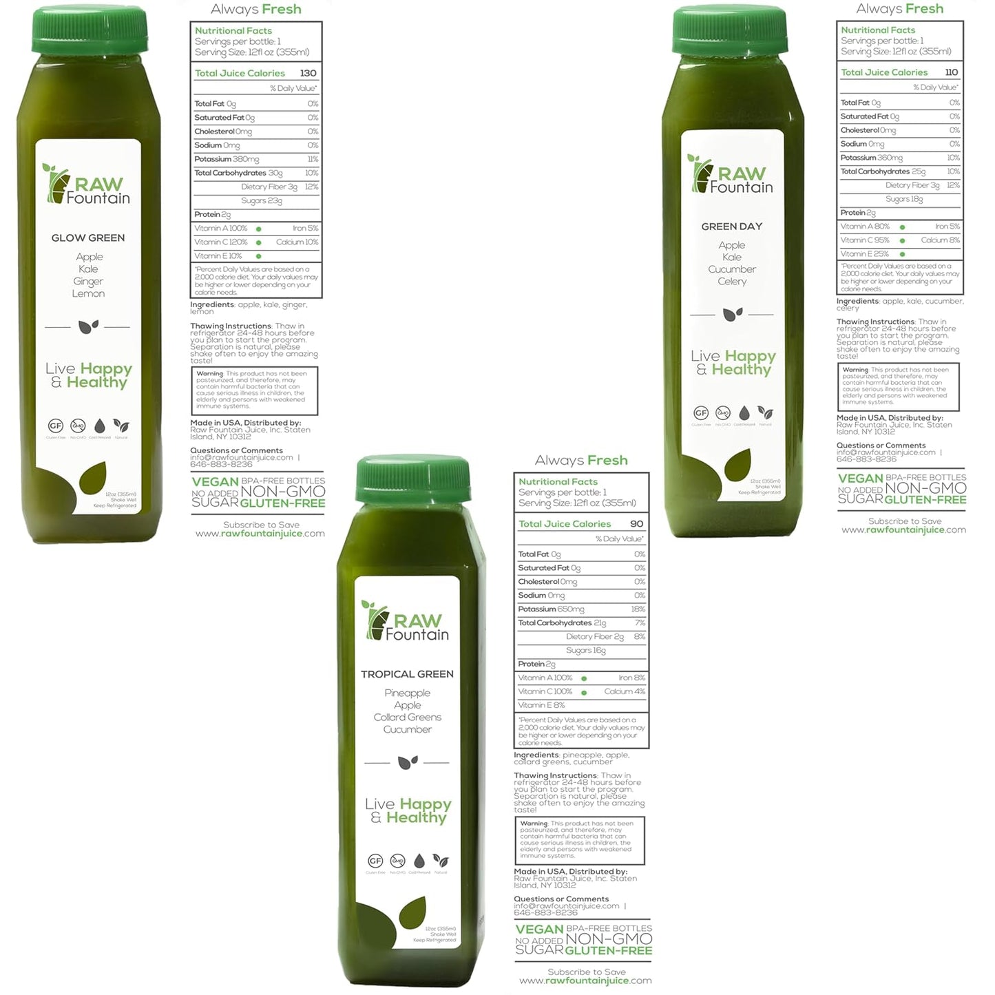 Raw Fountain 7-Day Green Juice Cleanse - All Natural, Vegan Detox, Cold Pressed Juice, 42 Bottles (12oz) with 3 Ginger Shots