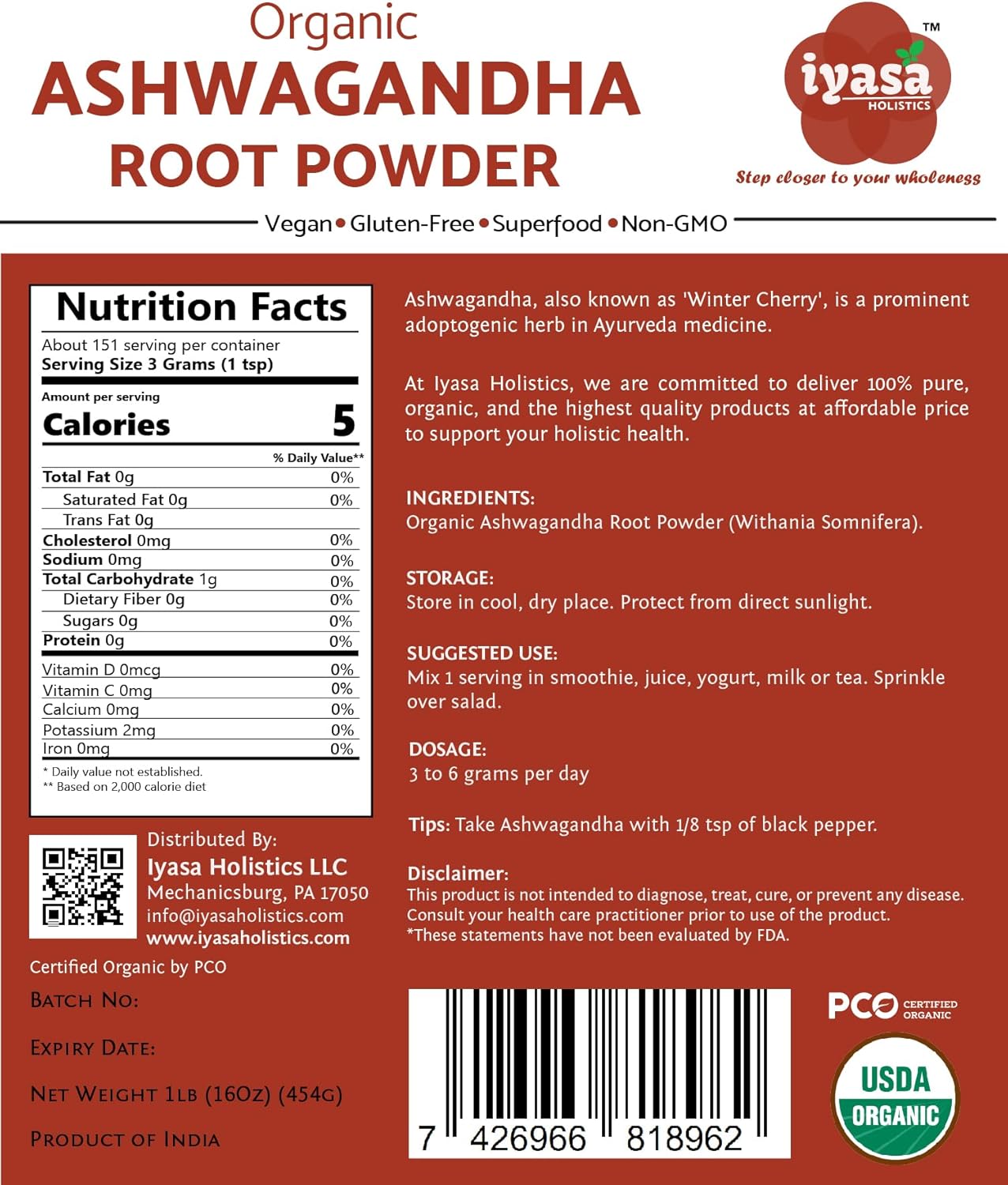 Raw Organic Ashwagandha Powder - Withania Somnifera Superfood for Workouts - Resealable Pack