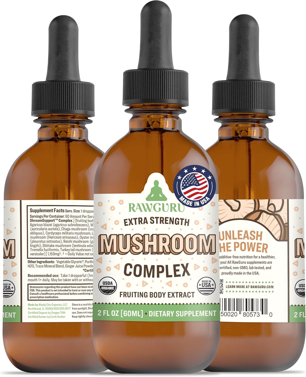 RawGuru Organic Mushroom Complex Tincture - Immune & Cognitive Support Supplement - Vegan Drops - 60 Servings